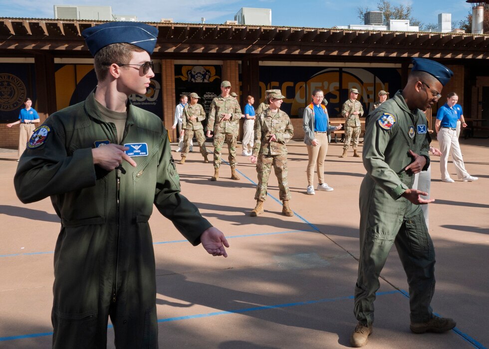 Angelo State University ROTC Air Force Detachment 847 cadets practice combat tactics at Angelo State University, San Angelo, Texas, Feb. 26, 2025. 17th Security Forces Squadron Defenders lent their experience to the cadets to prepare them for their upcoming field training exercise. (U.S. Air Force photo by Staff Sgt. Nathan Call)