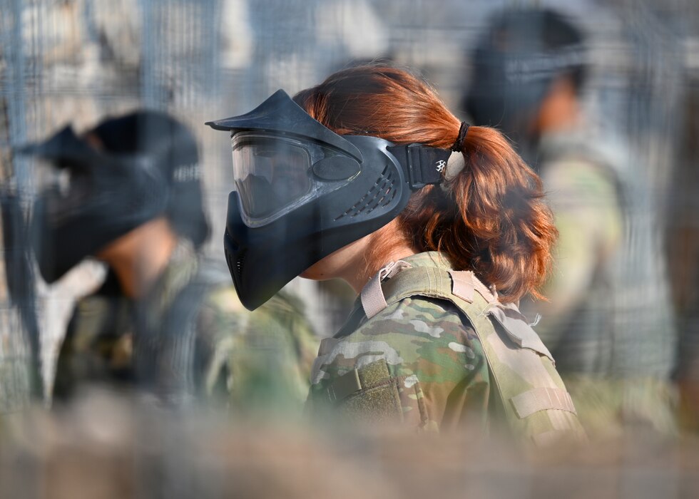 An Angelo State University ROTC Air Force Detachment 847 cadet commands her fire team during a base defense operation at the field training exercise on Goodfellow Air Force Base, March 7, 2025. Cadets were chosen to lead their fire teams through a series of exercises to test their leadership skills under pressure. (U.S. Air Force photo by Staff Sgt. Nathan Call)