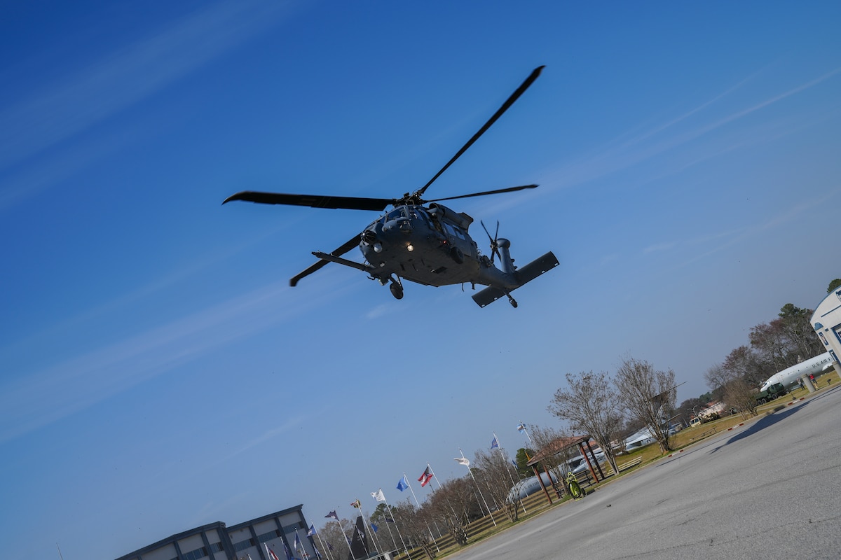 An HH-60W ‘Jolly Green’ Combat Rescue Helicopter, from the 41st Rescue Squadron, Moody Air Force Base, Georgia, makes it final approach at the Museum of Aviation at Robins AFB, Georgia, March 7th, 2025