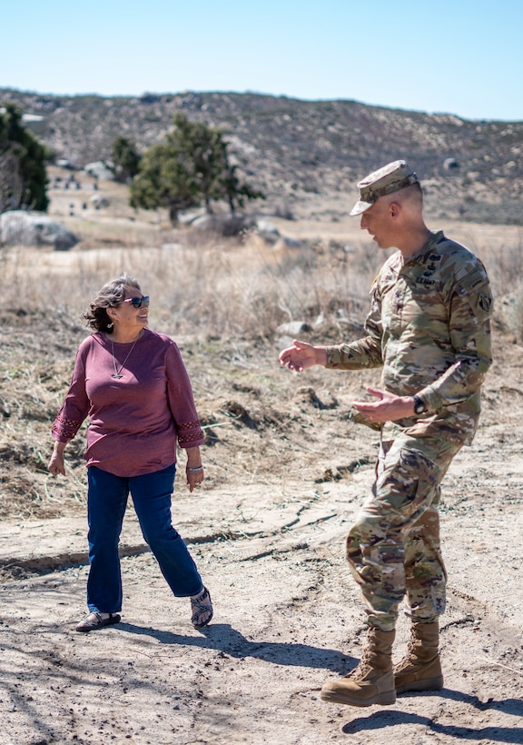 Col. Andrew Baker, U.S. Army Corps of Engineers Los Angeles District commander, right, talks with Michelle Salgado, chairwoman of the Cahuilla Cultural Committee, left, shortly after a Feasibility Cost Share Agreement signing ceremony Feb. 26 between the LA District and the Cahuilla Band of Indians, as part of an effort to restore the site.