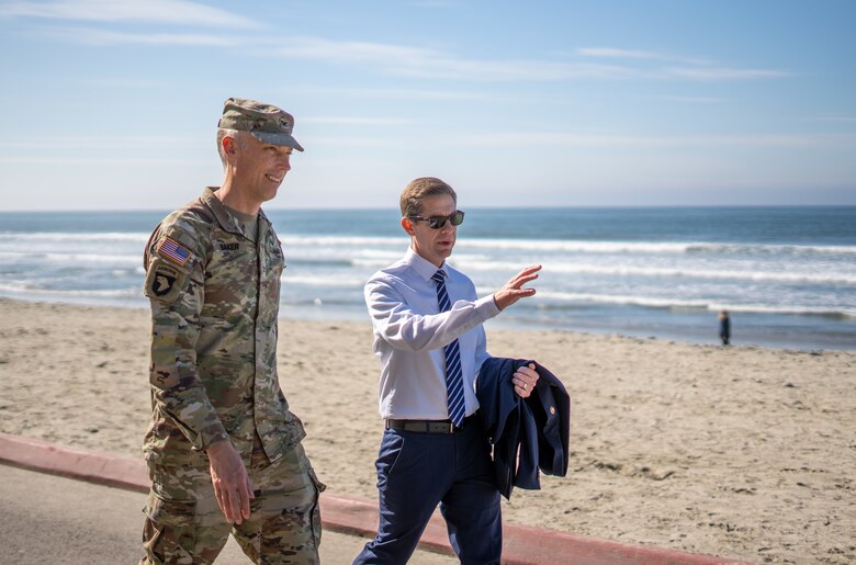U.S. Army Corps of Engineers Los Angeles District commander Col. Andrew Baker, left, talks with California’s 49th Congressional District Rep. Mike Levin during an onsite meeting Feb. 20 to discuss the status and future of shoreline mitigation in Oceanside, California.