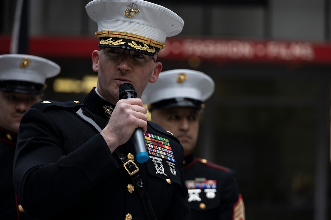 U.S. Marine Maj. Branden Koonce, the commanding officer of Marine Corps Recruiting Station Chicago, gives remarks at a wreath laying ceremony in honor of the 80th anniversary of the flag raising on Iwo Jima in Chicago, Ill., Feb. 23, 2025. Koonce gave a speech honoring those that fought at the Battle of Iwo Jima, remarking on the lasting impact those Marines had on the Marine Corps and the Nation. (U.S. Marine Corps photo by Sgt. Dalton J. Payne)