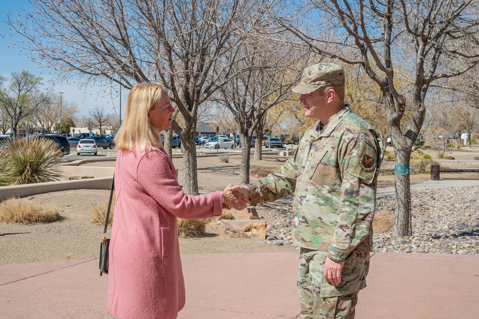 Man shakes hand of woman.