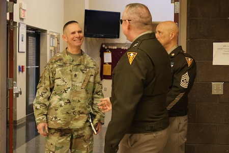 Command Sergeant Major Sgt. Maj. Michael Starrett visits with Maj. Gen. Joe Marsiglia, Commanding General of 3rd Medical Command Deployment Support, U.S. Army Reserve and his Command Sergeant Major Sgt. Maj. Todd Kaim during a visit to Gillem Enclave outside of Atlanta, Ga. on March 11, 2025.