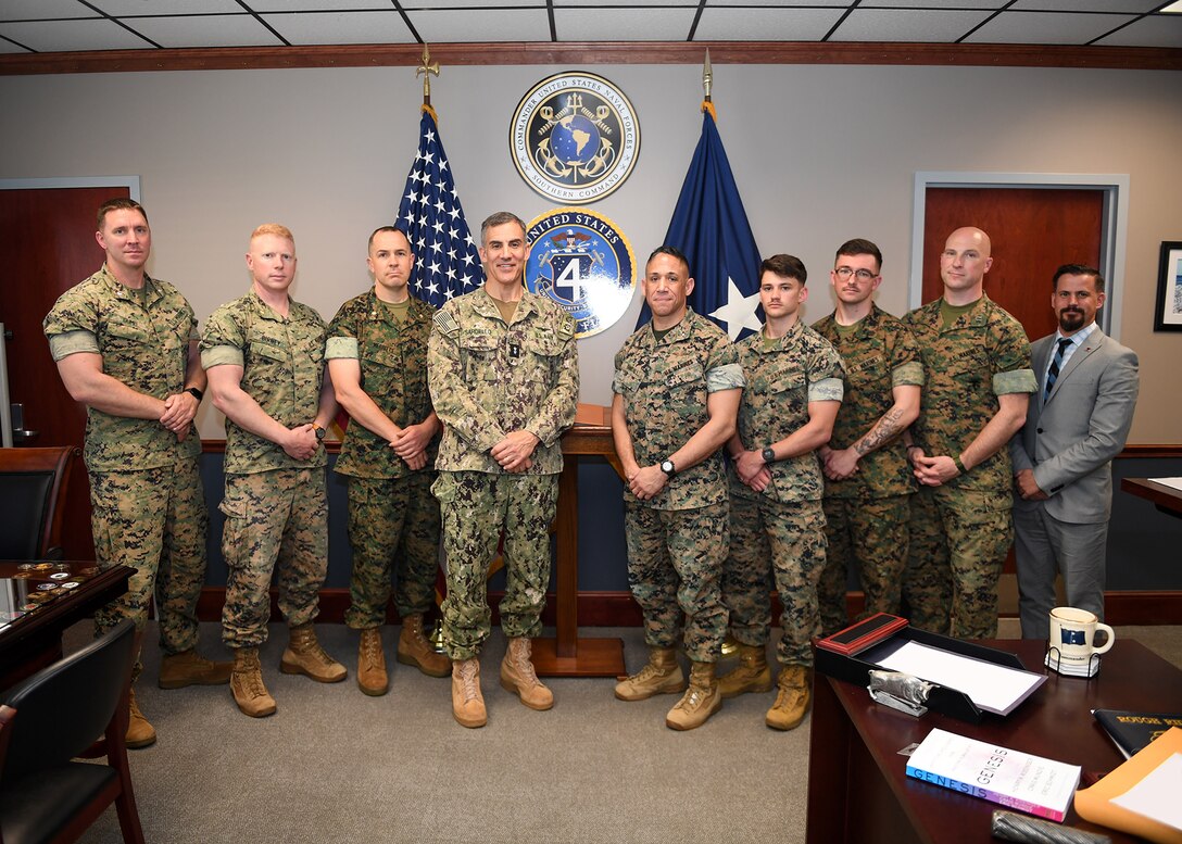 Rear Adm. Carlos Sardiello, commander, U.S. Naval Forces Southern Command/U.S. 4th Fleet, welcomes Brig. Gen. Omar Randall, U.S. Marine Corps Forces, South deputy commander to U.S. 4th Fleet Headquarters onboard Naval Station Mayport. The two leaders discussed exercise Integrated Advance 2025, where Sailors and Marines are serving together for the Joint Force Maritime Component Commander (JFMCC), working through a contingency scenario in the USSOUTHCOM Area of Responsibility (AOR) to validate warfighting functions and clarify phase transitions at the operational level of war. U.S. Naval Forces Southern Command/U.S. 4th Fleet is the trusted maritime partner for Caribbean, Central and South America maritime forces leading to improved unity, security and stability.