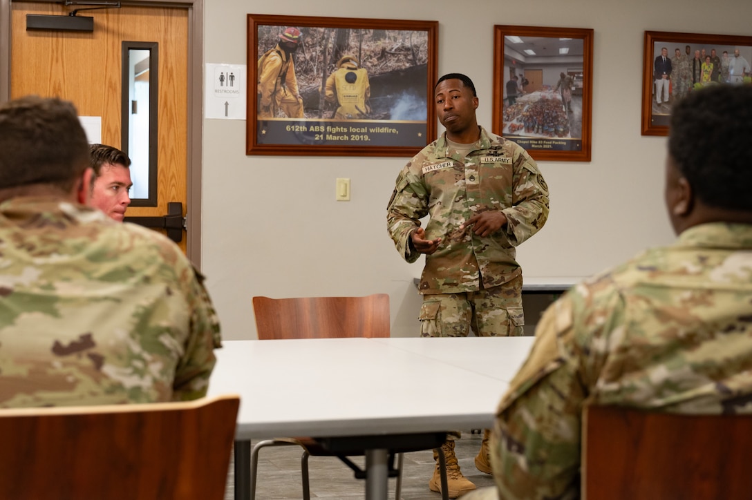 U.S. Army Staff Sgt. Jamaal Hatcher, 228th Aviation Battalion S6 non-commissioned officer in charge, briefs 228th Aviation Battalion members about Equal Opportunity during a Resiliency Round Robin at Soto Cano Air Base, Honduras, March 11, 2025.