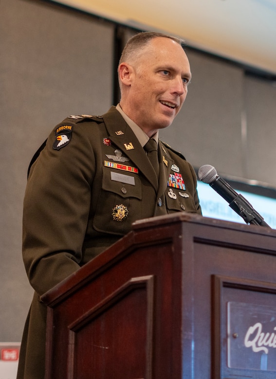 Col. Andrew Baker, U.S. Army Corps of Engineers Los Angeles District commander, delivers the keynote address during the 2025 Business Opportunities Open House, which the LA District hosted for more than 450 attendees March 6 in Montebello, California.