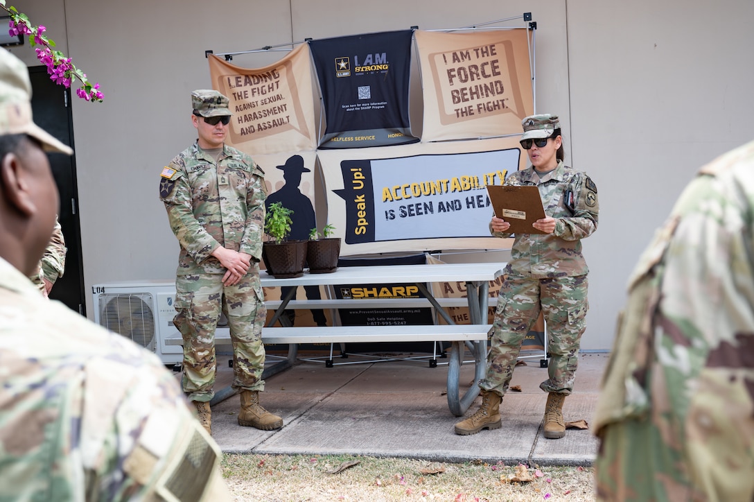 U.S. Army Master Sgt. Luziano Chavez and Sgt. Eunice Perez, Joint Task Force-Bravo Sexual Assault Response Coordinators, briefs 228th Aviation Battalion members before entering a challenge room during a Resiliency Round Robin at Soto Cano Air Base, Honduras, March 11, 2025.