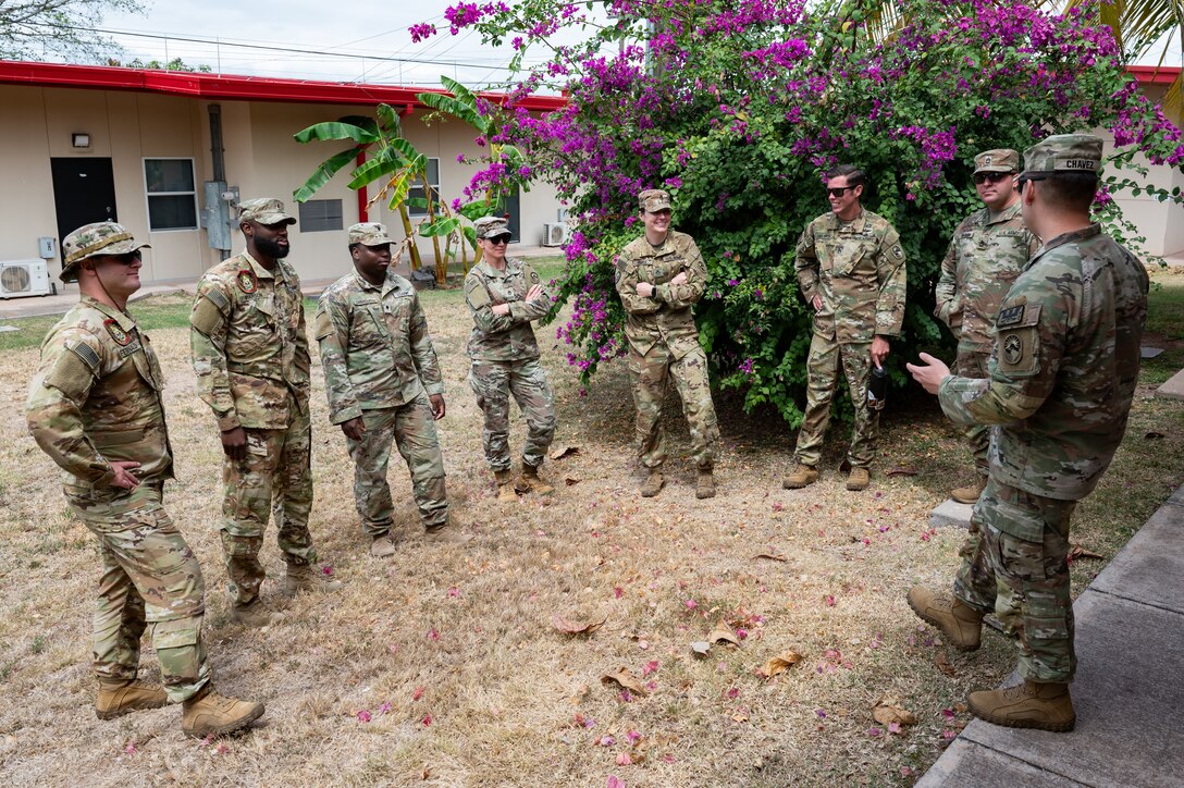 228th Aviation Battalion members gather together before entering a challenge room during a Resiliency Round Robin at Soto Cano Air Base, Honduras, March 11, 2025.