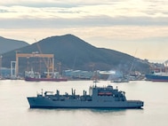 USNS Wally Schirra (T-AKE 8) departs Hanwha Ocean shipyard after a seven-month overhaul at Gyeongsangnam-do, Republic of Korea, March 12, 2025.