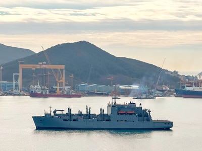 USNS Wally Schirra (T-AKE 8) departs Hanwha Ocean shipyard after a seven-month overhaul at Gyeongsangnam-do, Republic of Korea, March 12, 2025.