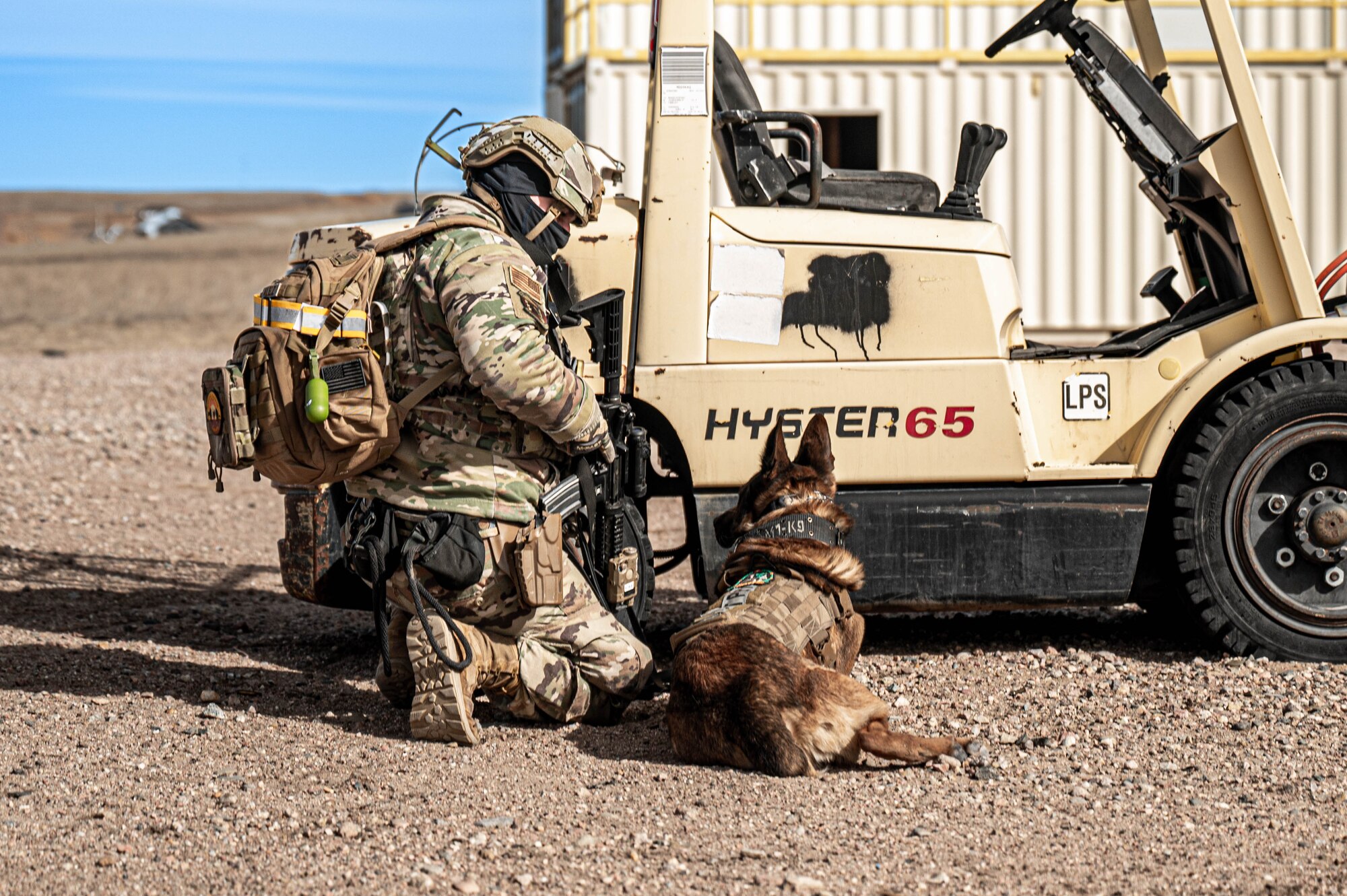 Detection training is conducted to test and enhance MWD’s performance capabilities in simulated hostile environments. (U.S. Air Force photo by Airman 1st Class Hunter Kirkland)