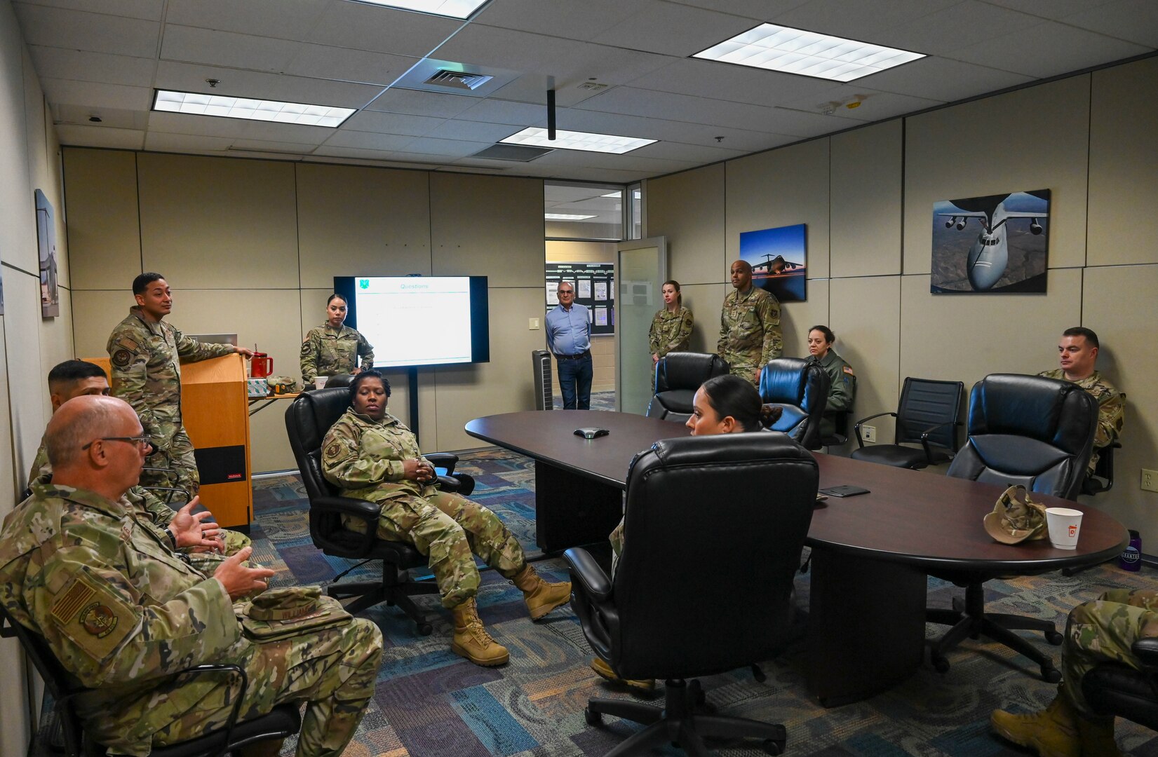 Airmen participate in a First Sergeant Council's “Coffee and Conversation” session at Joint Base San Antonio-Lackland, Texas, March 1, 2025.