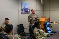 Senior Master Sgt. Gilbert Candeleria, center, 433rd Maintenance Squadron first sergeant, leads a discussion on the role of first sergeants during the First Sergeant Council’s “Coffee and Conversations” event at Joint Base San Antonio- Lackland, Texas, March 1, 2025.