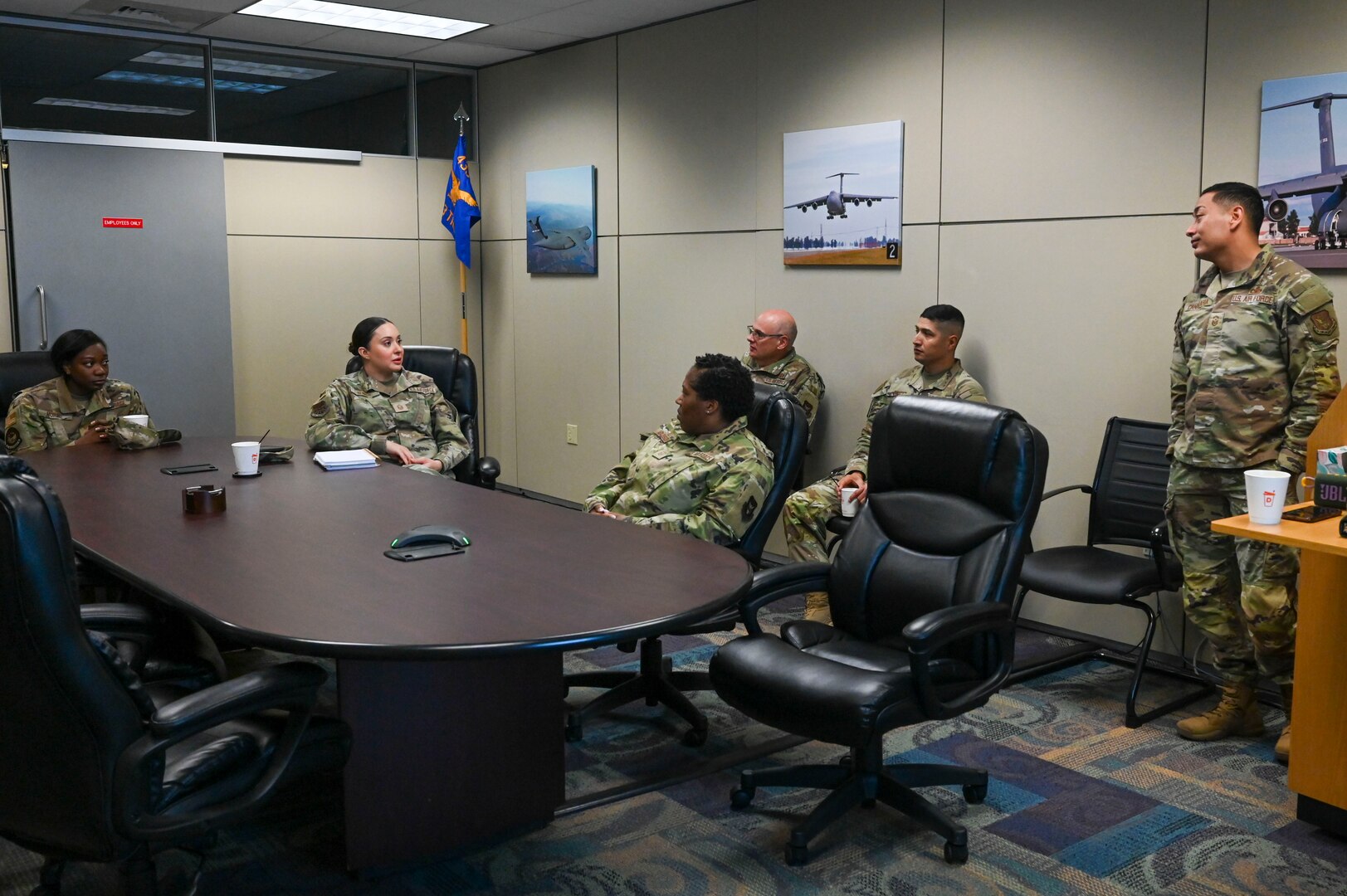 Airmen including first sergeants across the 433rd Airlift Wing participate in a discussion during the First Sergeant Council’s “Coffee and Conversations” event at Joint Base San Antonio-Lackland, Texas, March 1, 2025.