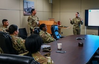 Master Sgt. Celine Cordova, front-center, 68th Airlift Squadron first sergeant, facilitates discussion for attendees during the First Sergeant Council’s “Coffee and Conversations” event at Joint Base San Antonio-Lackland, Texas, March 1, 2025.