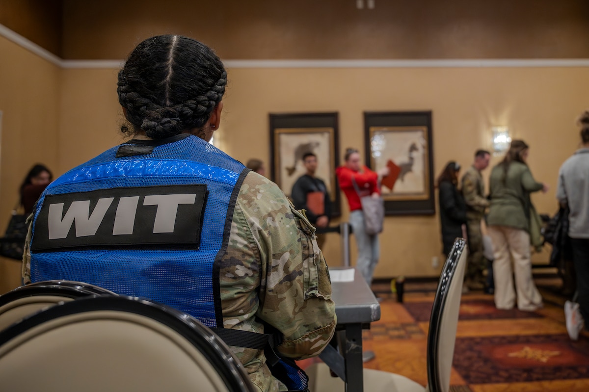 A U.S. Air Force wing inspection team member assigned to the 35th Fighter Wing, spectates an Emergency Evacuation Program exercise at Misawa Air Base, Japan, Mar. 11, 2025.
