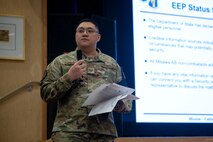 U.S. Air Force Staff Sgt. Paulo Montero, 35th Force Support Squadron emergency evacuation program warden, briefs families at Misawa Air Base, Japan, Mar. 11, 2025.