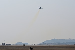 An F-16 Fighting Falcon aircraft takes off from the flight line during Freedom Shield 25.