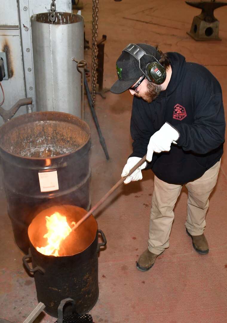 Norfolk Naval Shipyard Metal Forging Shop (Shop 11F) Metal Forger Ian McHorney started his shipyard career in the Shipfitter Shop (Shop 11) approximately 10 years ago. It wasn’t until eight years later that he became a metal forger. “I have always been fascinated with forging. When I had the opportunity to work in Shop 11F, I jumped all over it,” said McHorney. “The job requests are always changing from making a tool one day to inspecting an anchor chain the next. This is what makes the job fun.”