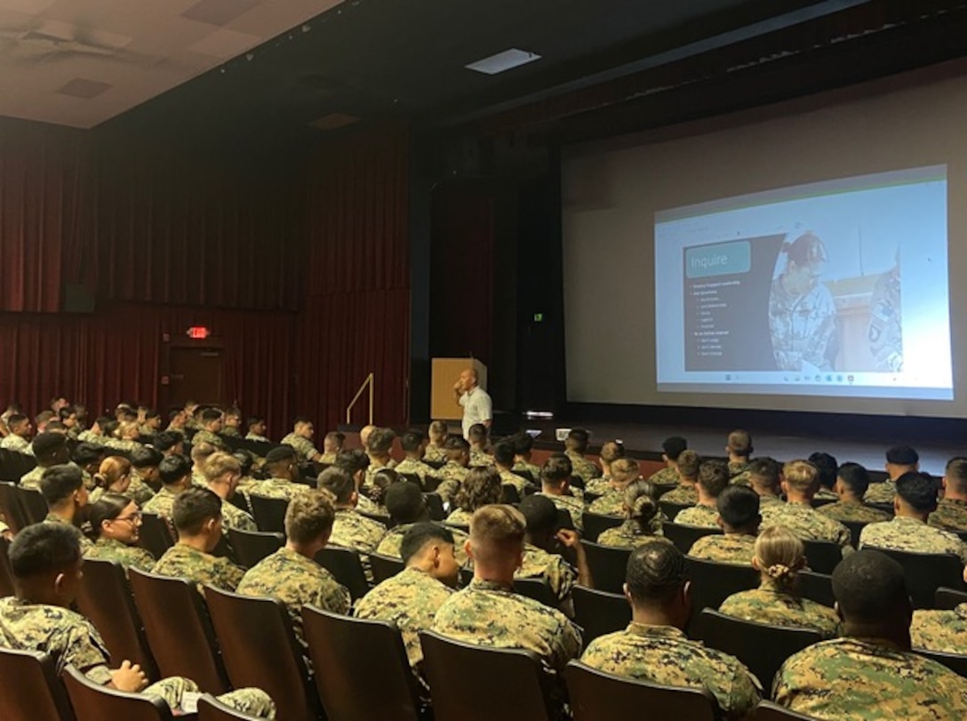 Senior Analyst Joey Borgardt educates III MEF Marines on how to identify and manage insider threat potential risk indicators.