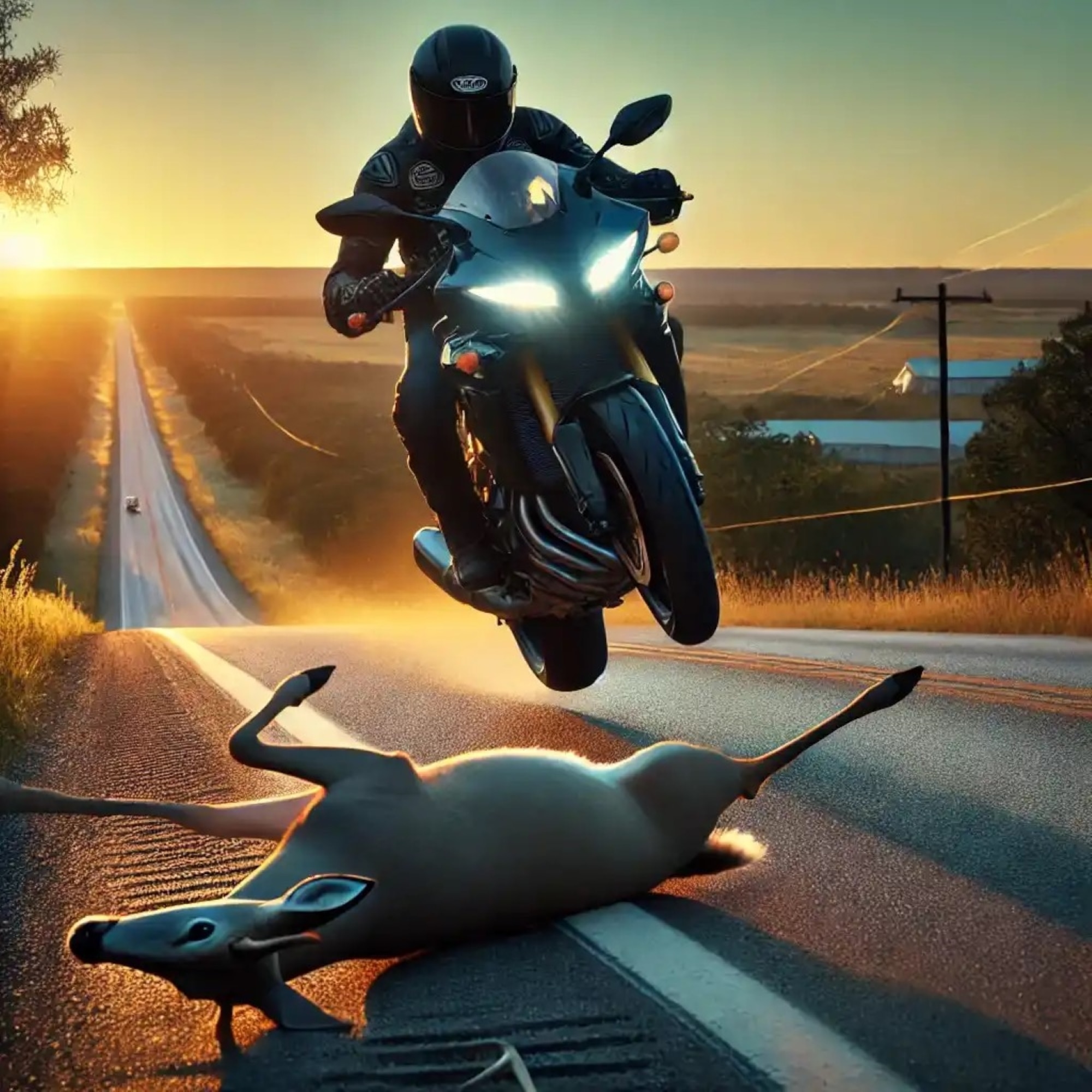 When a rider coach encountered a deer carcass in the middle of the highway, he had to put his motorcycle riding skills to the ultimate test when a collision proved unavoidable. (Image generated by OpenAI’s ChatGPT.)