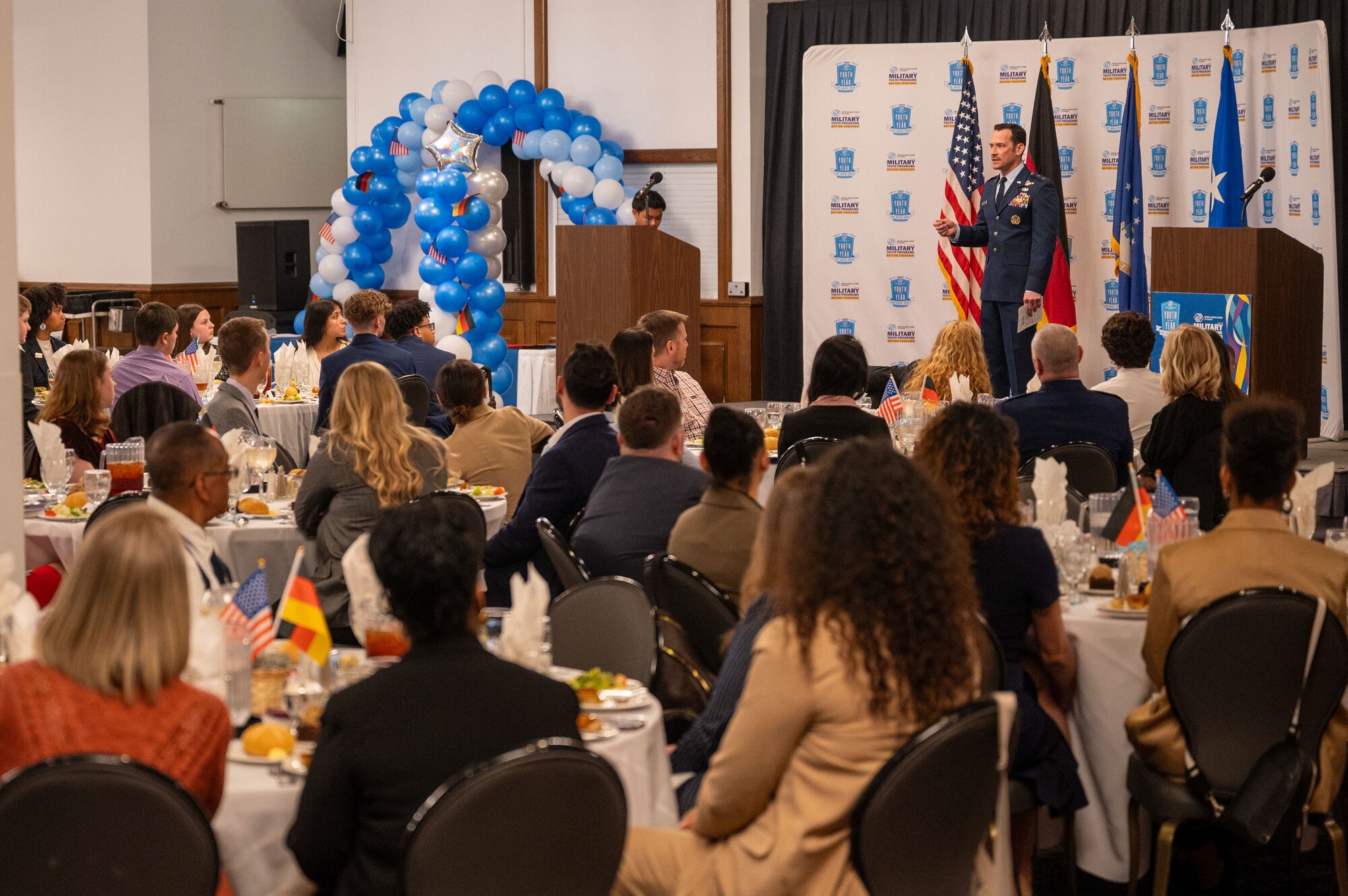 U.S. Air Force Maj. Gen. Paul D. Moga, Third Air Force commander, provides opening remarks during the 2025 European Military Youth of the Year ceremony at Ramstein Air Base, Germany, March 10, 2025. Ramstein AB participated in the Youth of the Year program to recognize youth and celebrate the nation’s most inspiring teens and their stories of leadership and excellence.