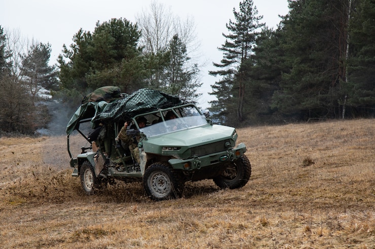 U.S. Soldiers assigned to Hound Company, 2nd Battalion, 2nd Infantry Regiment, 3rd Brigade, 10th Mountain Division, conduct a demonstration for the local media with the Infantry Squad Vehicle (ISV) during exercise Combined Resolve (CbR) 25-1 at the Joint Multinational Readiness Center, Hohenfels Training Area, Hohenfels, Germany, Feb. 3, 2025. The ISV is a lightweight, all-terrain vehicle designed to provide infantry squads with a highly mobile and versatile platform for transporting personnel and equipment. During CbR 25-1, the U.S. Army is implementing its Transforming in Contact initiative, utilizing new technologies and systems designed to enhance its warfighting readiness and ability to respond to crisis or conflict. (U.S. Army photo by Spc. Thomas Dixon)