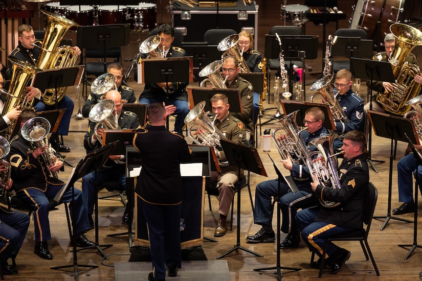 Tuba-Euphonium Workshop participants perform at the culmination of the event in the Armed Forces Tuba-Euphonium Ensemble, Feb. 1, 2025. Military musicians from across the country attend the workshop each year for world-class performances, lectures, and masterclasses. (Photo courtesy of Sgt. 1st Class Rachel Minto)