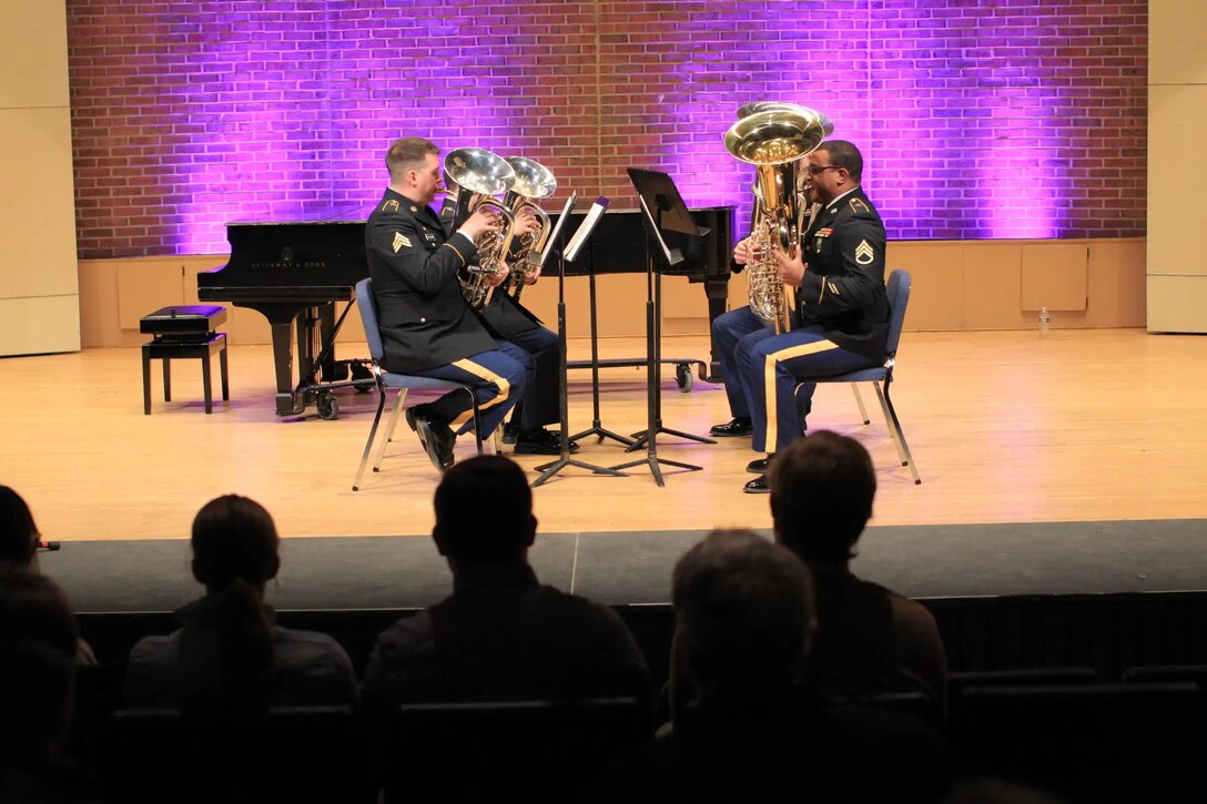 Soldiers of the 202nd Army Band's Tuba-Euphonium Quartet perform at the 2025 Tuba-Euphonium Workshop, hosted by The U.S. Army Band "Pershing's Own," Jan. 30, 2025. Military musicians from across the country attend the workshop each year for world-class performances, lectures, and masterclasses. (Photo courtesy of Alexander Rogge)