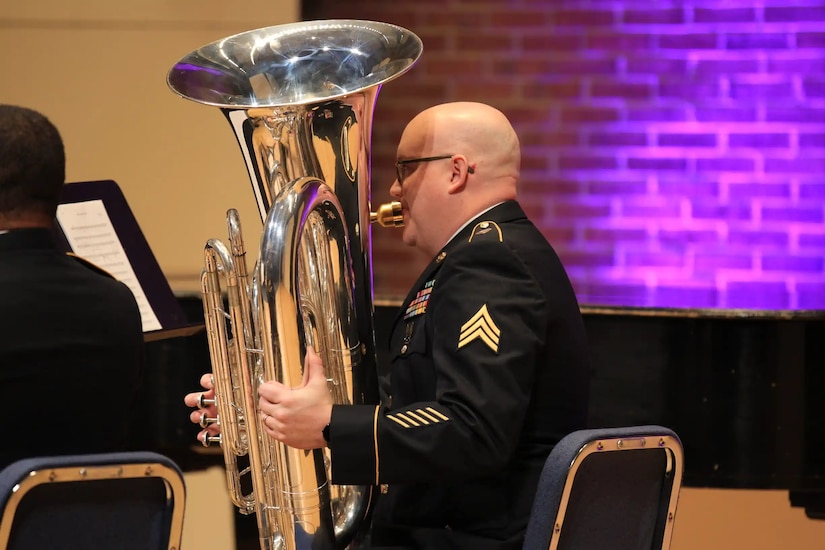 U.S. Army Sgt. Elliott Nickeson performs with the 202nd Army Band's Tuba-Euphonium Quartet at Tuba-Euphonium Workshop, hosted by The U.S. Army Band "Pershing's Own," Jan. 30, 2025. Military musicians from across the country attend the workshop each year for world-class performances, lectures, and masterclasses. (Photo courtesy of Alexander Rogge)