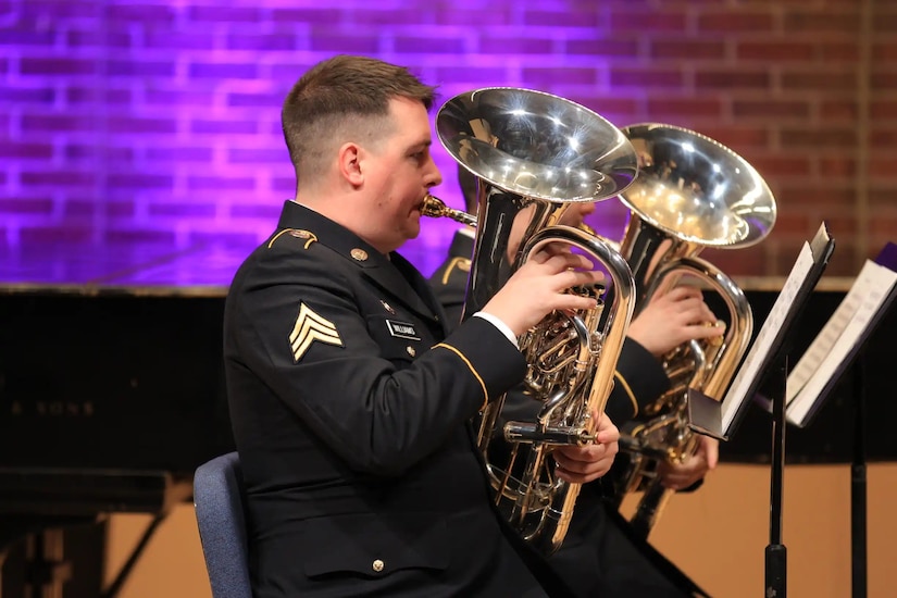 U.S. Army Sgt. Cody Williams and Spc. Steven Betts-Jimenez perform with the 202nd Army Band's Tuba-Euphonium Quartet at the Tuba-Euphonium Workshop, hosted by The U.S. Army Band "Pershing's Own," Jan. 30, 2025. Military musicians from across the country attend the workshop each year for world-class performances, lectures, and masterclasses. (Photo courtesy of Alexander Rogge)