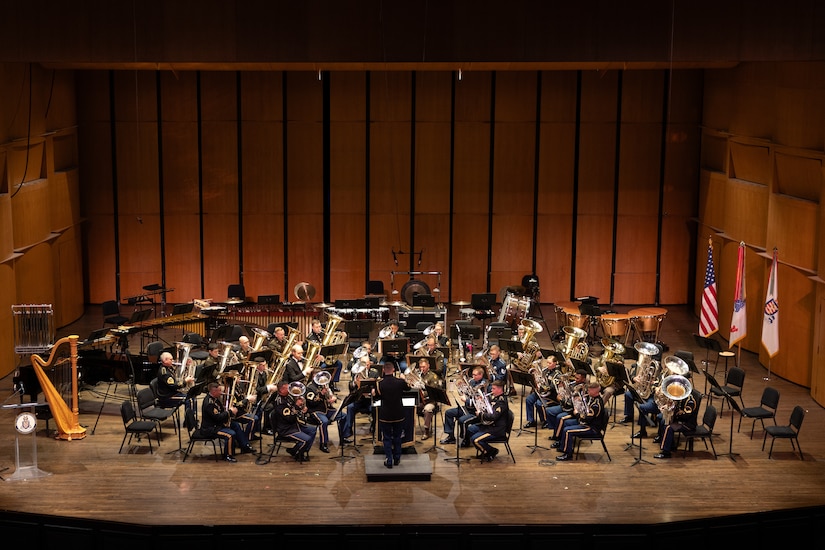 Tuba-Euphonium Workshop participants perform at the culmination of the event in the Armed Forces Tuba-Euphonium Ensemble, Feb. 1, 2025. Military musicians from across the country attend the workshop each year for world-class performances, lectures, and masterclasses. (Photo courtesy of Sgt. 1st Class Rachel Minto)