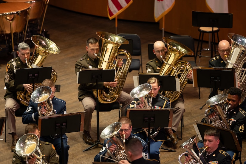 Tuba-Euphonium Workshop participants perform at the culmination of the event in the Armed Forces Tuba-Euphonium Ensemble, Feb. 1, 2025. Military musicians from across the country attend the workshop each year for world-class performances, lectures, and masterclasses. (Photo courtesy of Sgt. 1st Class Rachel Minto)