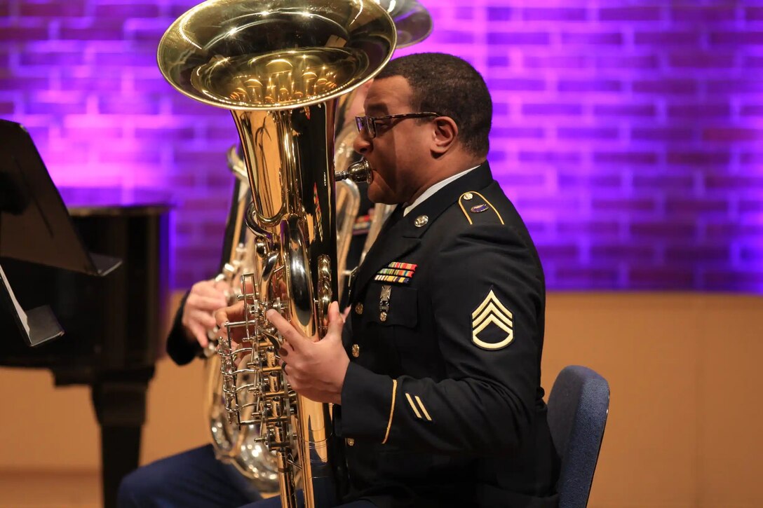 U.S. Army Sgt. Grant Browder performs with the 202nd Army Band's Tuba-Euphonium Quartet at the Tuba-Euphonium Workshop, hosted by The U.S. Army Band "Pershing's Own," Jan. 30, 2025. Military musicians from across the country attend the workshop each year for world-class performances, lectures, and masterclasses. (Photo courtesy of Alexander Rogge)