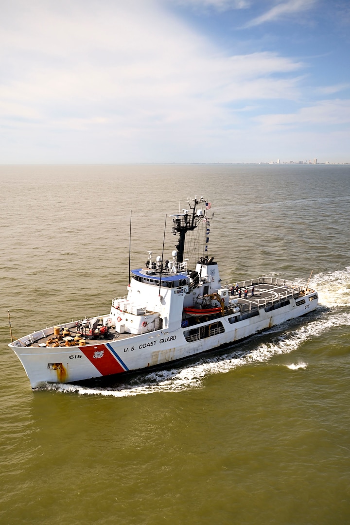 Coast Guard Cutter Reliance, homeported in Pensacola, Florida, departs Galveston to patrol the Gulf of America. The Reliance is the first of the Coast Guard's sixteen 210-foot 'Reliance' class medium endurance cutters. (U.S. Coast Guard photo by Petty Officer 3rd Class Perry Shirzad)