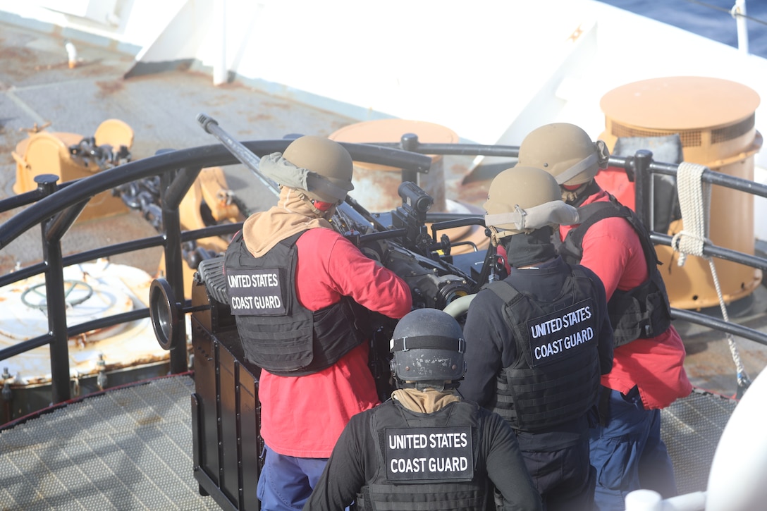 Crew members assigned to Coast Guard Cutter Reliance (WMEC 615) train during a gunnery exercise while underway in the Florida Straits, Jan. 30, 2025. Reliance conducted a 60-day patrol in the Florida Straits, Windward Passage and Gulf of America to safeguard U.S. maritime borders. (U.S. Coast Guard photo by Ensign Sarah Kaleta)