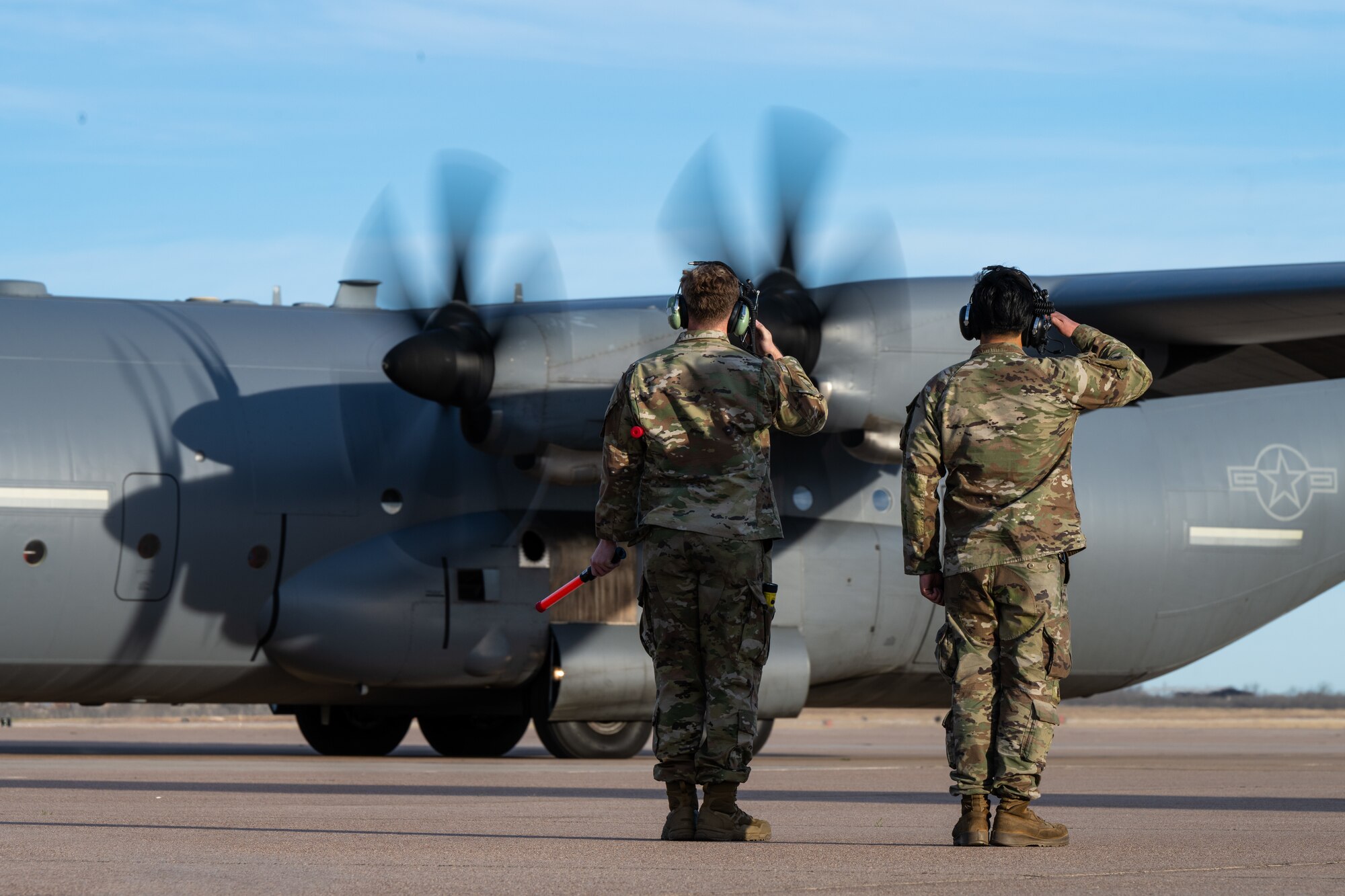 A C-130 prepares for take-off at Dyess Air Force Base on the flightline