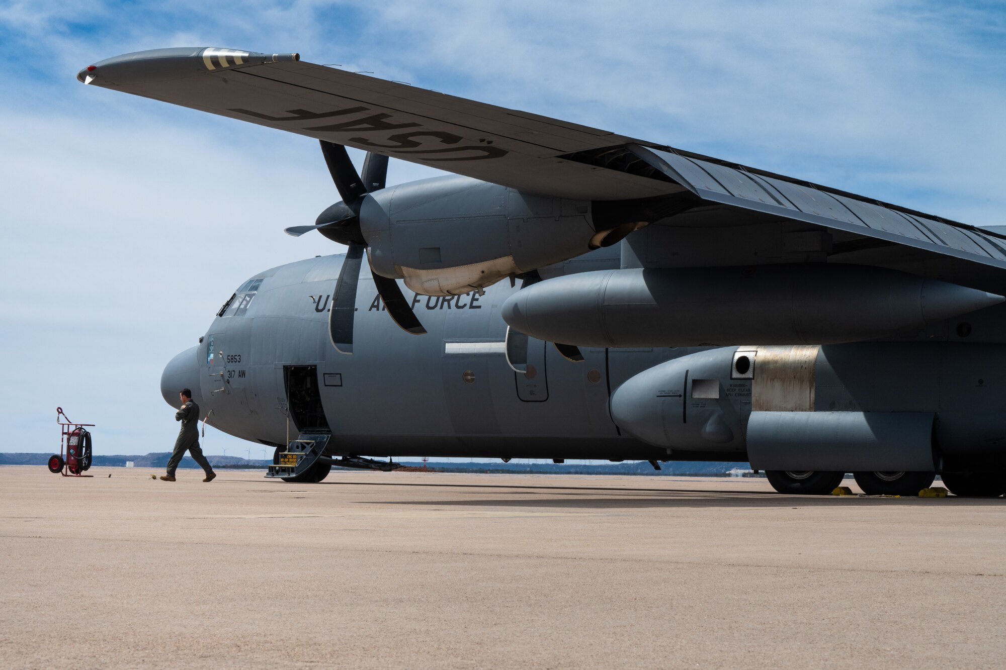 A C-130 prepares for take-off at Dyess Air Force Base on the flightline