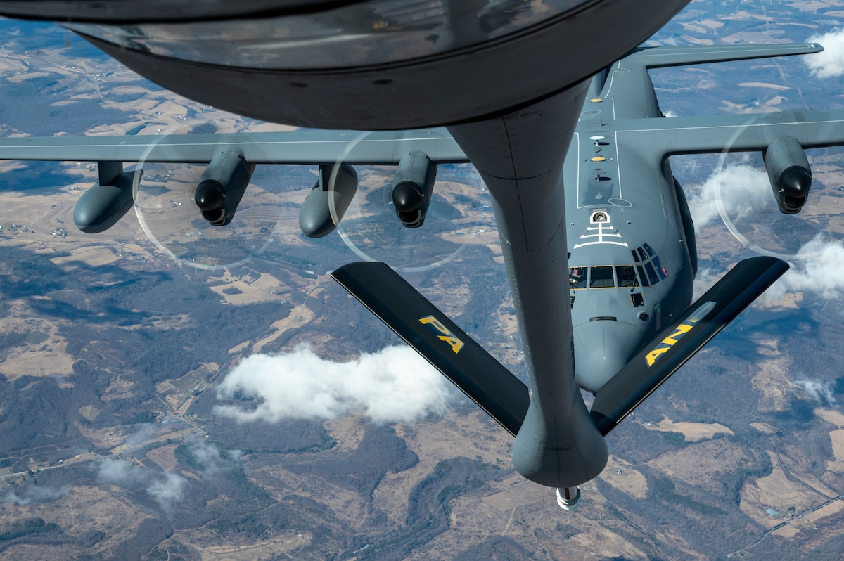 An MC-130J Commando II assigned to the Pennsylvania Air National Guard’s 193rd Special Operations Wing, prepares to receive fuel from a KC-135 Stratotanker from the 171st Air Refueling Wing, over Coraopolis, Pa., March 7, 2025. The refueling mission was part of routine training that helps ensure the proficiency of both aircrews. (U.S. Air National Guard photo by Shawn Monk)