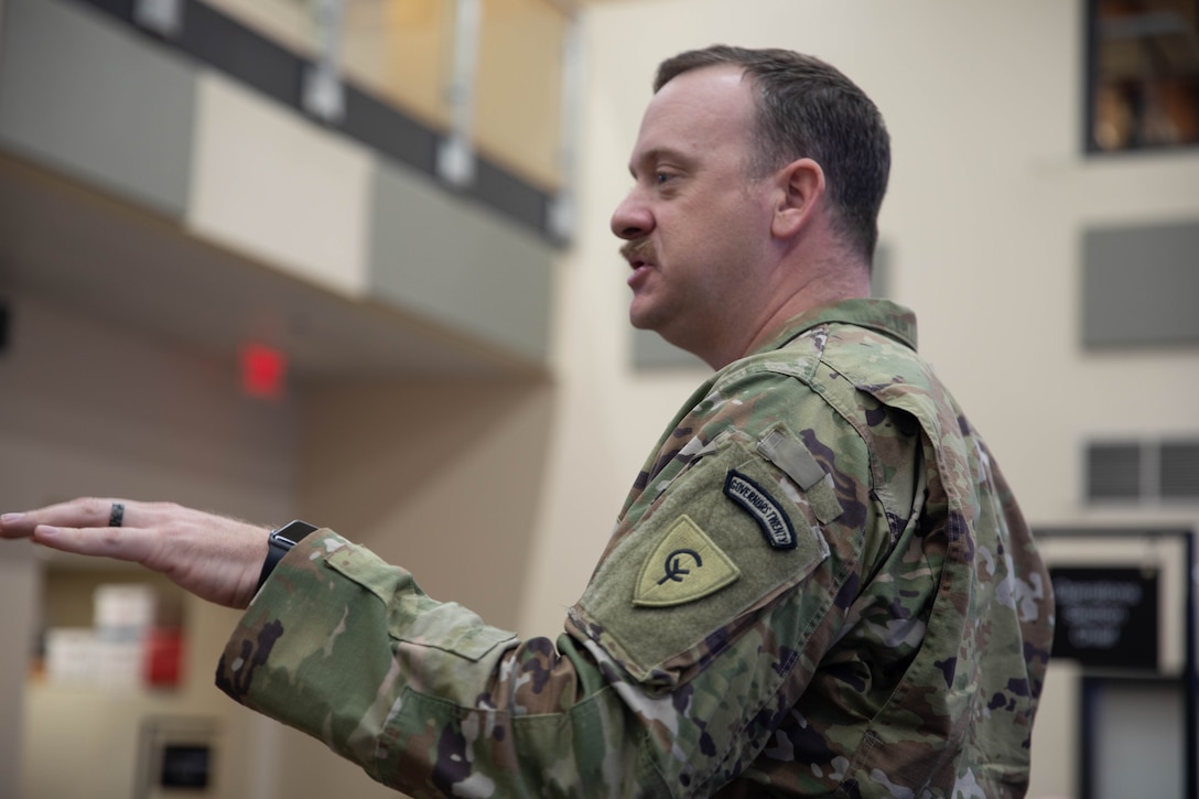 Sgt. Maj. Jason Rhodes speaks to members of Leadership Jessamine County about Kentucky National Guard's functions and capabilities, Feb. 13. The current class of the organization visited the Boone National Guard Center in Frankfort to learn about the Kentucky National Guard and the organization’s role in state government. (U.S. Army photo by Milt Spalding)