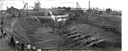 This composite photograph from September 29, 1910 shows Norfolk Naval Shipyard looking east and southeast towards the Elizabeth River, providing a panoramic view of the extension of Dry Dock 3.