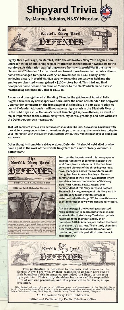 Norfolk Naval Shipyard Trivia, March 2025, talks about the Defender, the shipyard publication that would eventually evolve into what Service to the Fleet is today.