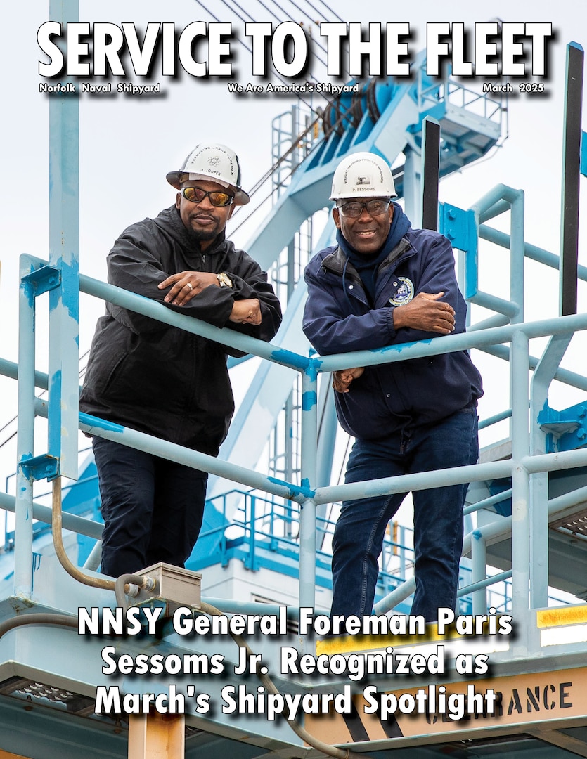 The current cover of Norfolk Naval Shipyard's monthly magazine Service to the Fleet, formerly known as The Defender.