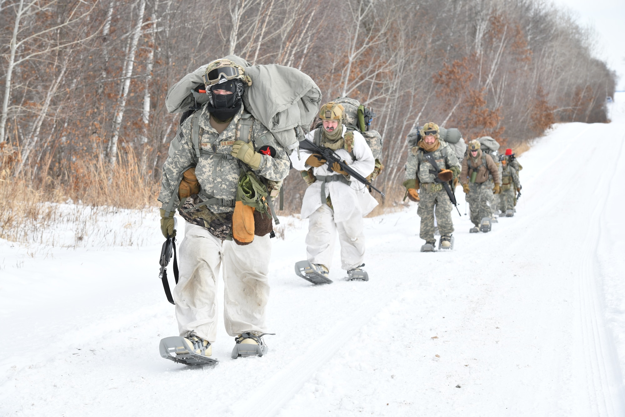 A team of people walk in a line through the snowy woods.