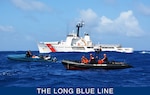A Coast Guard Cutter Diligence pursuit team interdicts a "go-fast" boat suspected of smuggling illegal drugs. From left to right in the in the "go-fast" is Lt. j.g. Edward Hobaica, and Petty Officer 2nd Class Jussen Gonzales, while from left to right on the Coast Guard response boat is Petty Officer 2nd Class Anthony Sanabria, Petty Officer 2nd Class Charles Murray and Petty Officer 1st Class Adam Mallard. (U.S. Coast Guard photo by Cutter Diligence/Released)