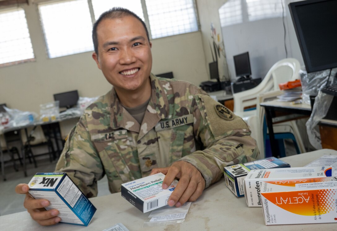 U.S. Army Maj. Caw Lao, prepares medication for patients attending the JTF-Bravo medical mission in La Paz, Honduras, March 12, 2025. These medical missions have become a hallmark of JTF-Bravo's enduring legacy in the region, demonstrating their unwavering dedication to building a stronger and more resilient Honduras and Central America. (U.S. Army courtesy photo)