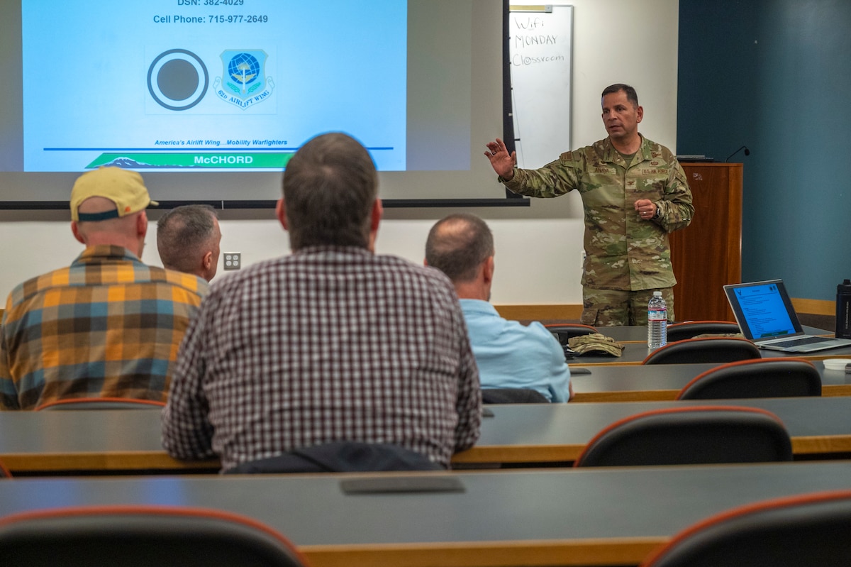 U.S. Air Force Col. Sergio Anaya, 62d Airlift Wing commander, gives his remarks during the final briefing of the second iteration of the Joint Exercise Training Working Group-West conference at Joint Base Lewis-McChord, Washington, March 12, 2025.