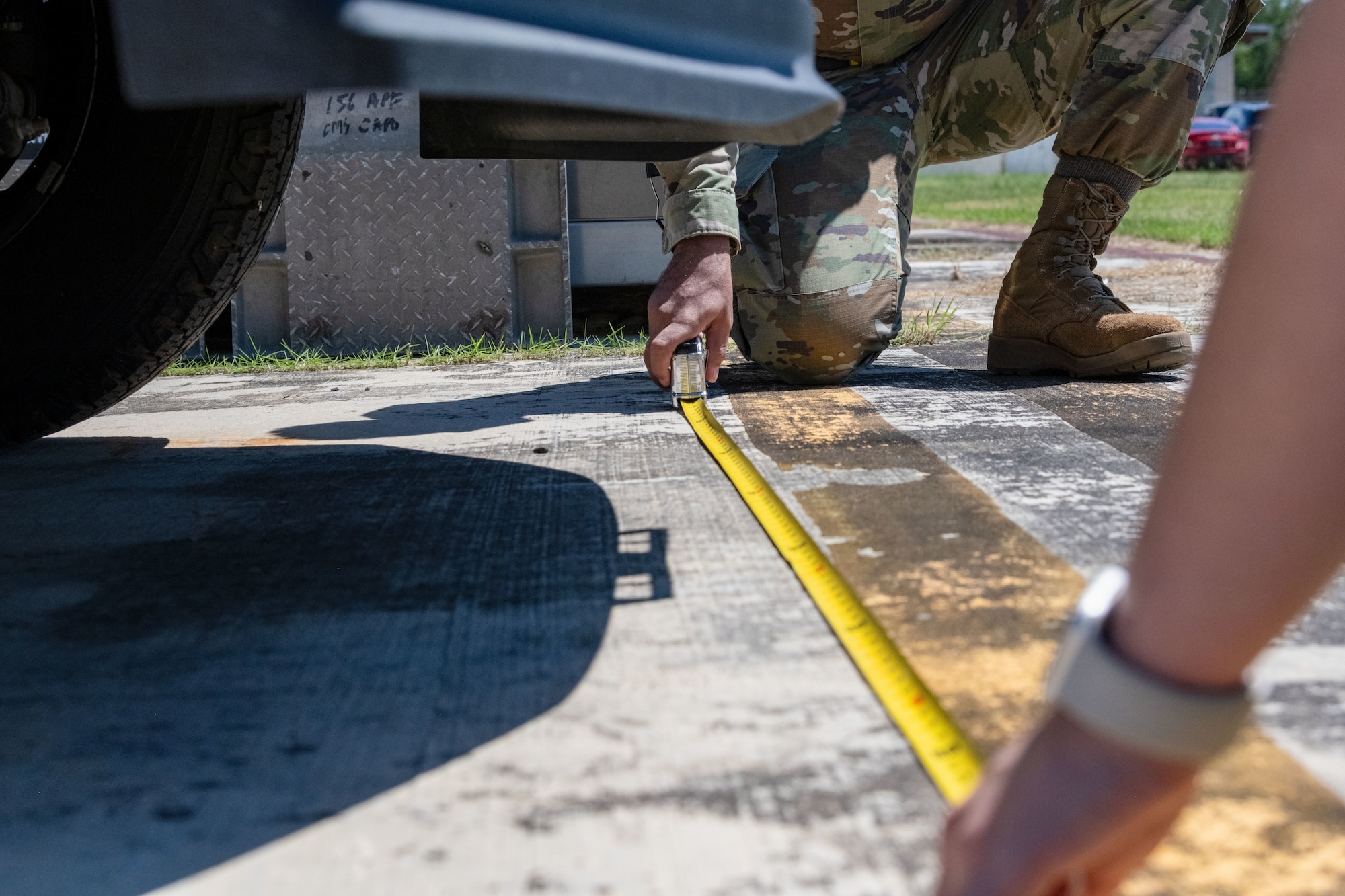 A detailed shot of the measuring tape used to measure cargo during Mothball 2 Combat Readiness Exercise at Muñiz Air National Guard Base, Carolina, Puerto Rico, March 7, 2025. Mothball 2 Combat Readiness Exercise measured the 156th Wing’s ability to generate, employ and sustain contingency response capabilities in a full war-fighting scenario, increasing readiness and force lethality. (U.S. Air National Guard photo by Senior Airman Nilsa Mendez)