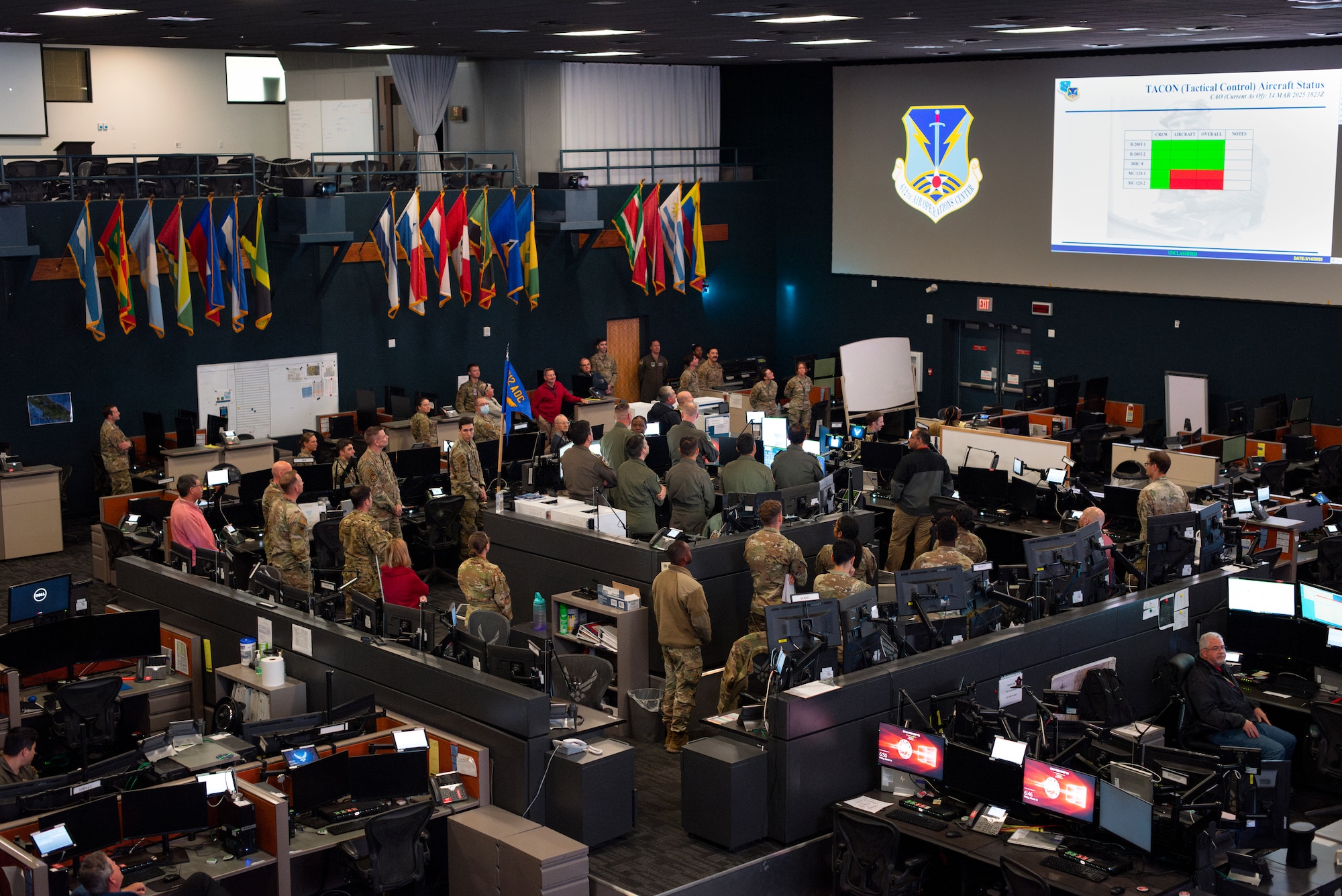 Air Forces Southern Foreign Liaison Officers attend a Combat Operations Division changeover brief at the 612th Air Operations Center (AOC) on Davis-Monthan Air Force Base, Arizona, March 14, 2025. The briefing marked phase two for the Liaison Officers from Argentina, Brazil, Chile, Colombia, Ecuador, and Peru, joining U.S. Air Force personnel at the 612th AOC, marking a significant milestone in coalition air power coordination. (U.S. Air Force photo by Tech. Sgt. Rachel Maxwell)